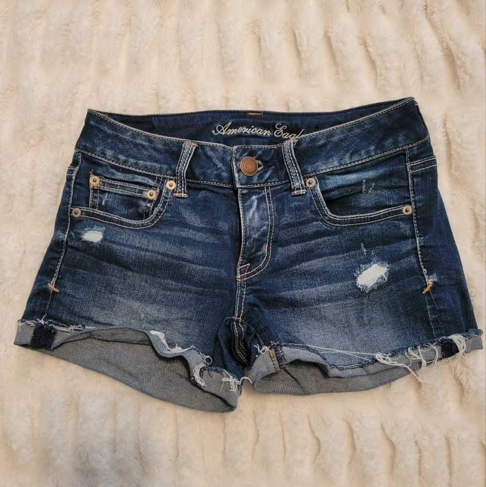 American Eagle Outfitters Dark Blue Distressed Denim Cutoff Shorts